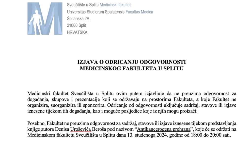 Izjava o odricanju odgovornosti Medicinskog fakulteta u Splitu